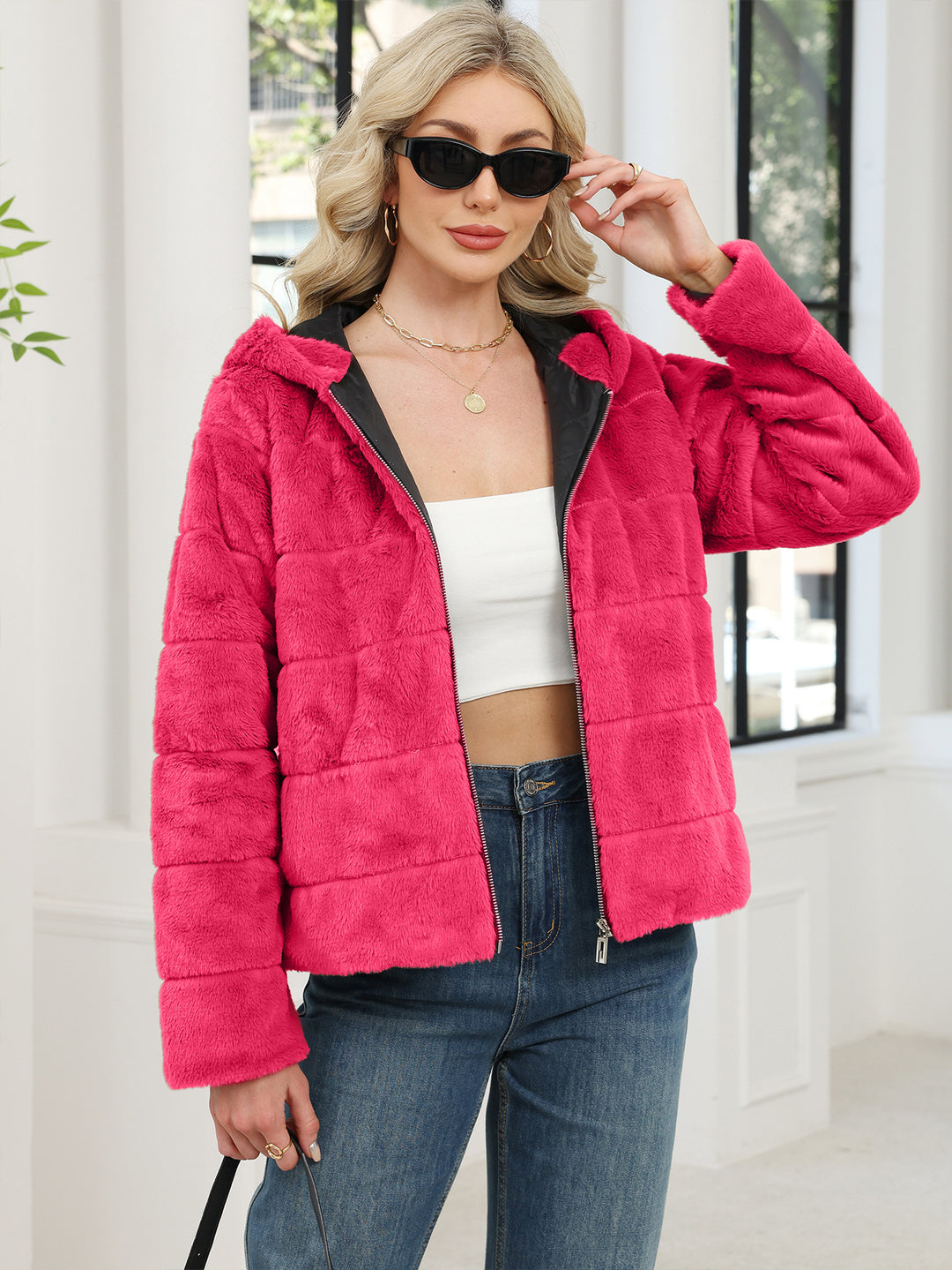 Damen Kuschelige Oversized-Fleecejacke mit Reißverschluss und Kapuze Drune