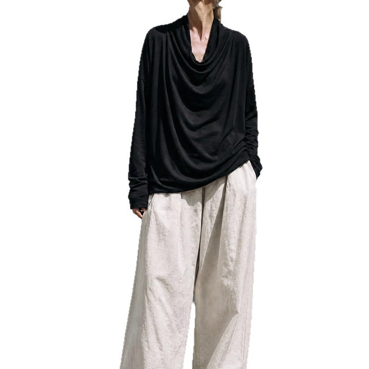 Damen Drapiertes Oversize-Langarmshirt mit Wasserfallkragen Drune