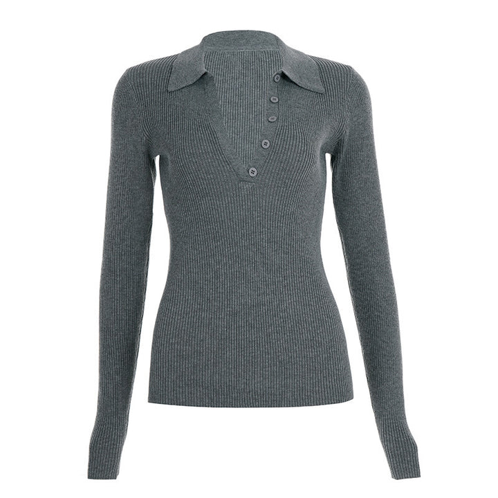 Damen Taillierter Rippstrick-Polo mit tiefem V-Ausschnitt und Knopfleiste Drune
