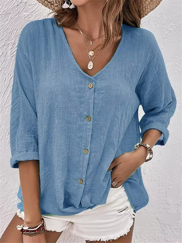 Damen lockere V-Ausschnitt Bluse im Leinenlook mit Knopfleiste und hochrollbaren Dreiviertelärmeln Drune