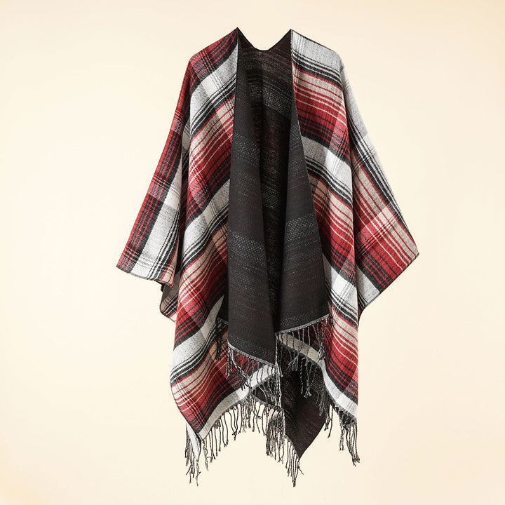 Damen Kastiger Plaid-Ruana aus leichtem Wollmix mit dekorativem Fransensaum Drune