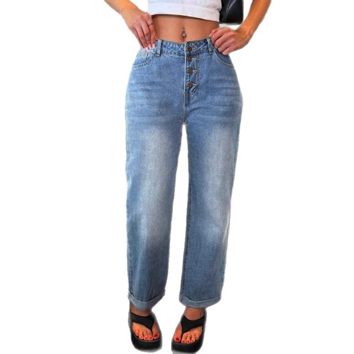 Damen Hochtaillierte Relaxed‑Straight‑Jeans mit sichtbarer Knopfleiste und Umschlag Drune