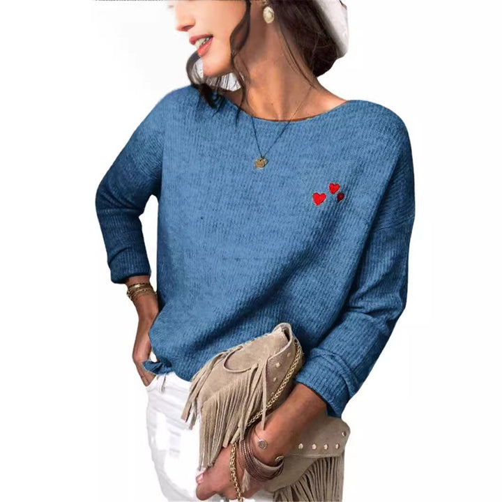 Damen Oversize Strickpullover mit Herz-Stickerei und weitem Boot-Ausschnitt Drune