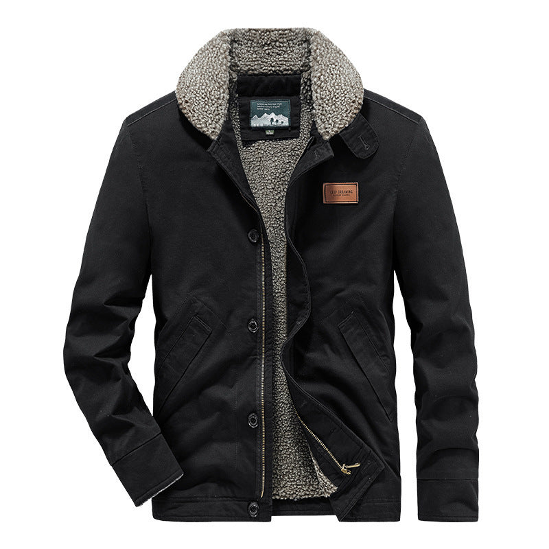 Herren kernige Canvas‑Workerjacke mit voluminösem Sherpa‑Innenfutter und hochschließendem Kragen Drune