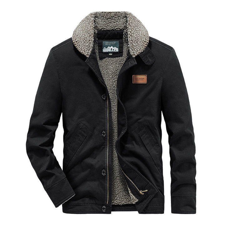 Herren kernige Canvas‑Workerjacke mit voluminösem Sherpa‑Innenfutter und hochschließendem Kragen Drune