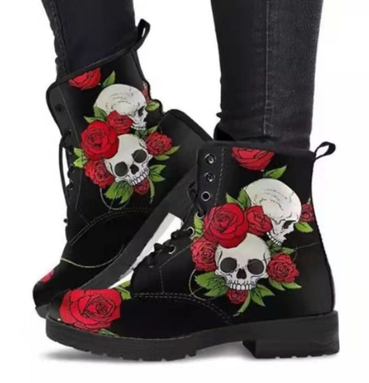 Damen nan modische knöchelhohe Schnür-Bikerboots mit auffälligem Totenkopf-Rosen-Print und robuster Profilsohle Drune