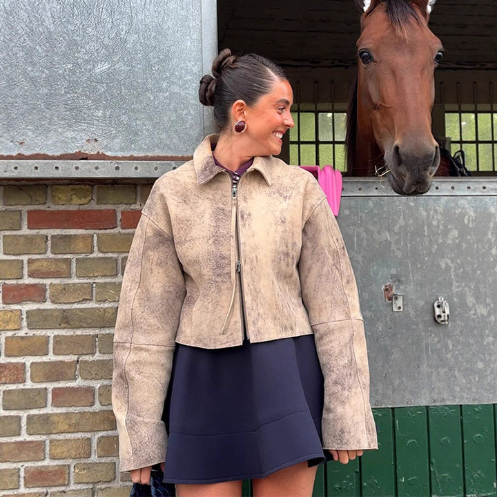Damen Kurz geschnittene Velourslederjacke in Used‑Optik mit extra langen Ärmeln und Zwei‑Wege‑Reißverschluss Drune