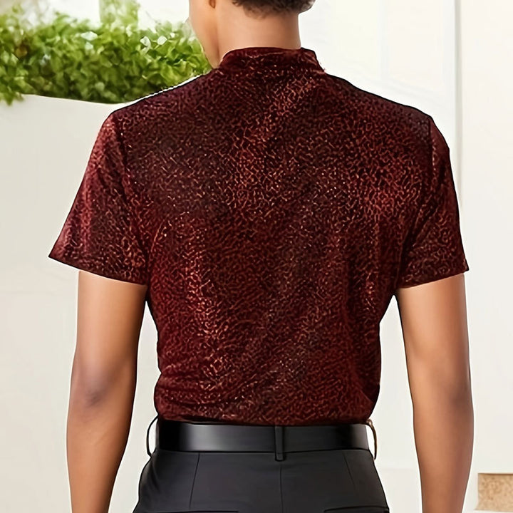 Damen nan schimmerndes Kurzarmshirt mit hohem Rundhalsausschnitt und strukturierter Animal-Print-Optik Drune