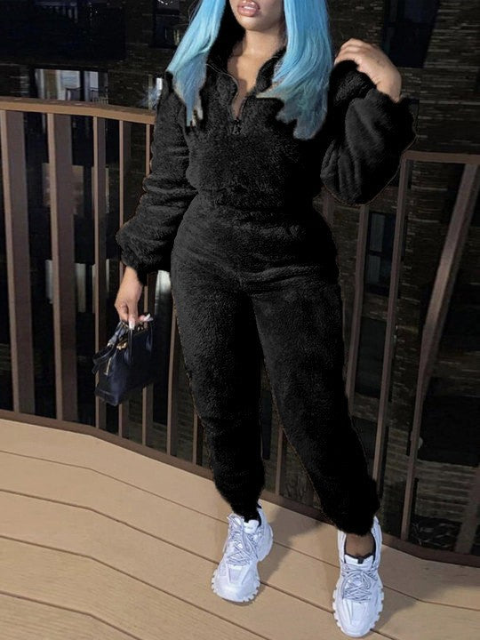 Damen nan kuscheliges Teddy-Fleece Zweiteiler mit Halbreißverschluss und High-Waist Jogginghose Drune