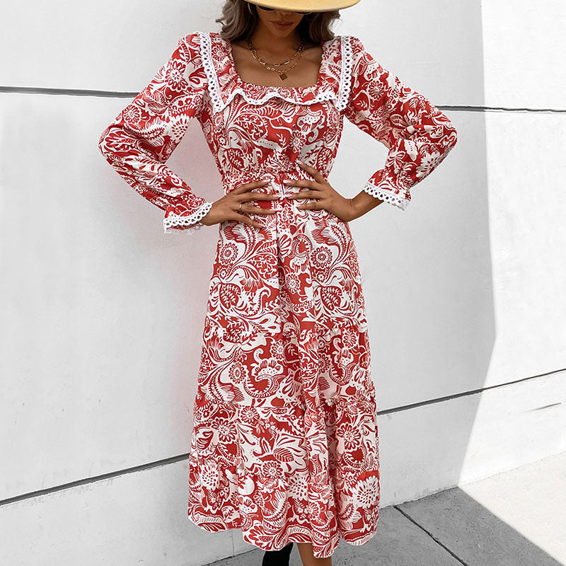 Damen Vintage Maxikleid mit Blumendruck Drune