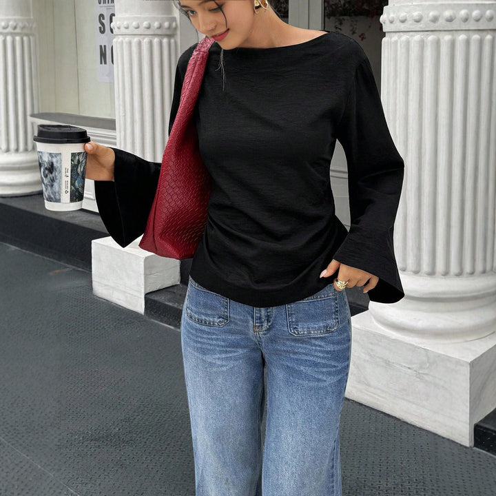 Damen Bootneck-Langarmshirt mit weitem Manschettenärmel und figurbetonter Seitennaht Drune