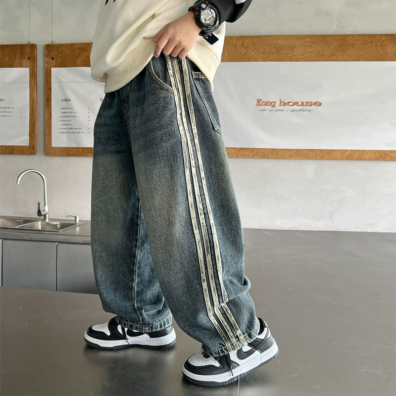 Unisex lässige Baggy-Jeans mit seitlichen Streifen Drune