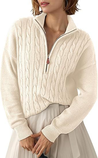 Damen Grobstrick Pullover mit Stehkragen und halbem Reißverschluss Drune