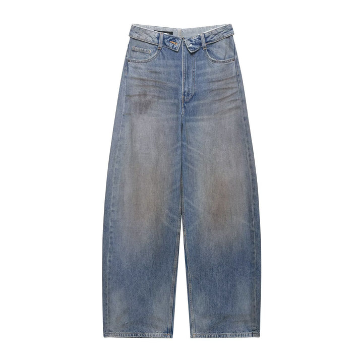 Damen Cropped-Jeans mit weitem Bein, hoher Taille und Used-Waschung Drune