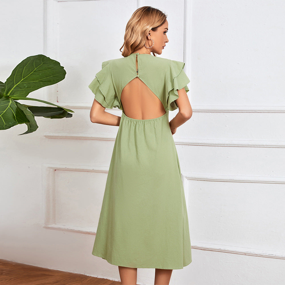 Damen elegantes Midikleid mit Rüschendetails und Knopfleiste Drune