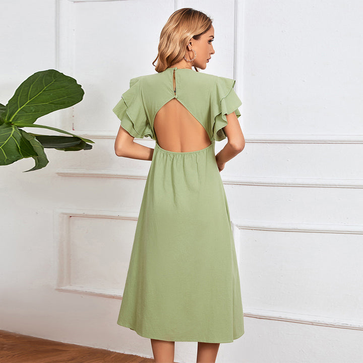 Damen elegantes Midikleid mit Rüschendetails und Knopfleiste Drune