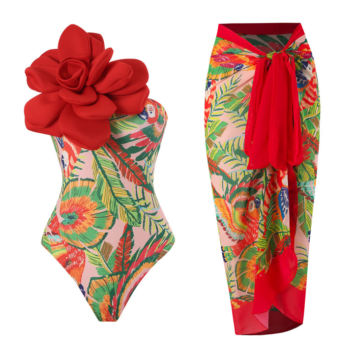 Damen Eleganter Badeanzug mit großem Blumen-Detail und transparentem Überrock Drune