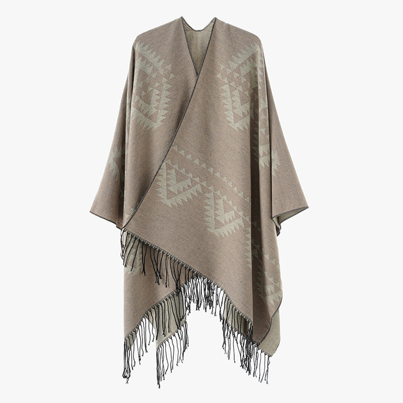 Damen Grobgewebter Jacquard-Umhang im Oversize mit Zipfelsaum und Fransensaum Drune