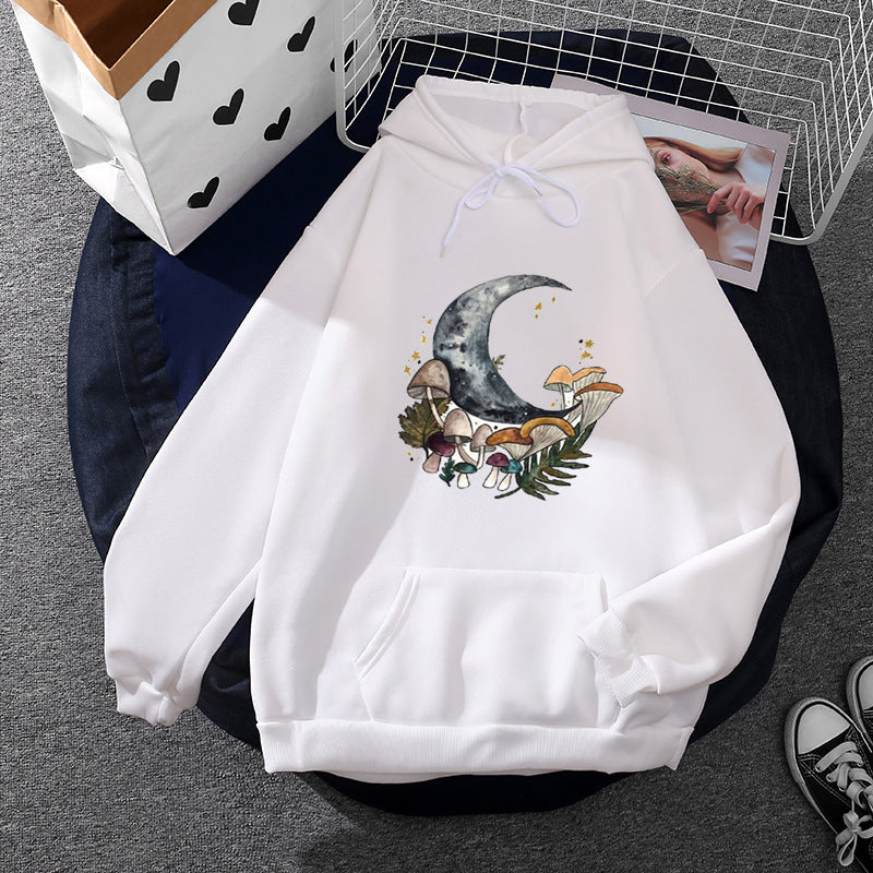 Damen nan lässiger Kapuzenpullover mit künstlerischem Mond‑und‑Pilzmotiv, weichem Fleecefutter und Kängurutasche Drune