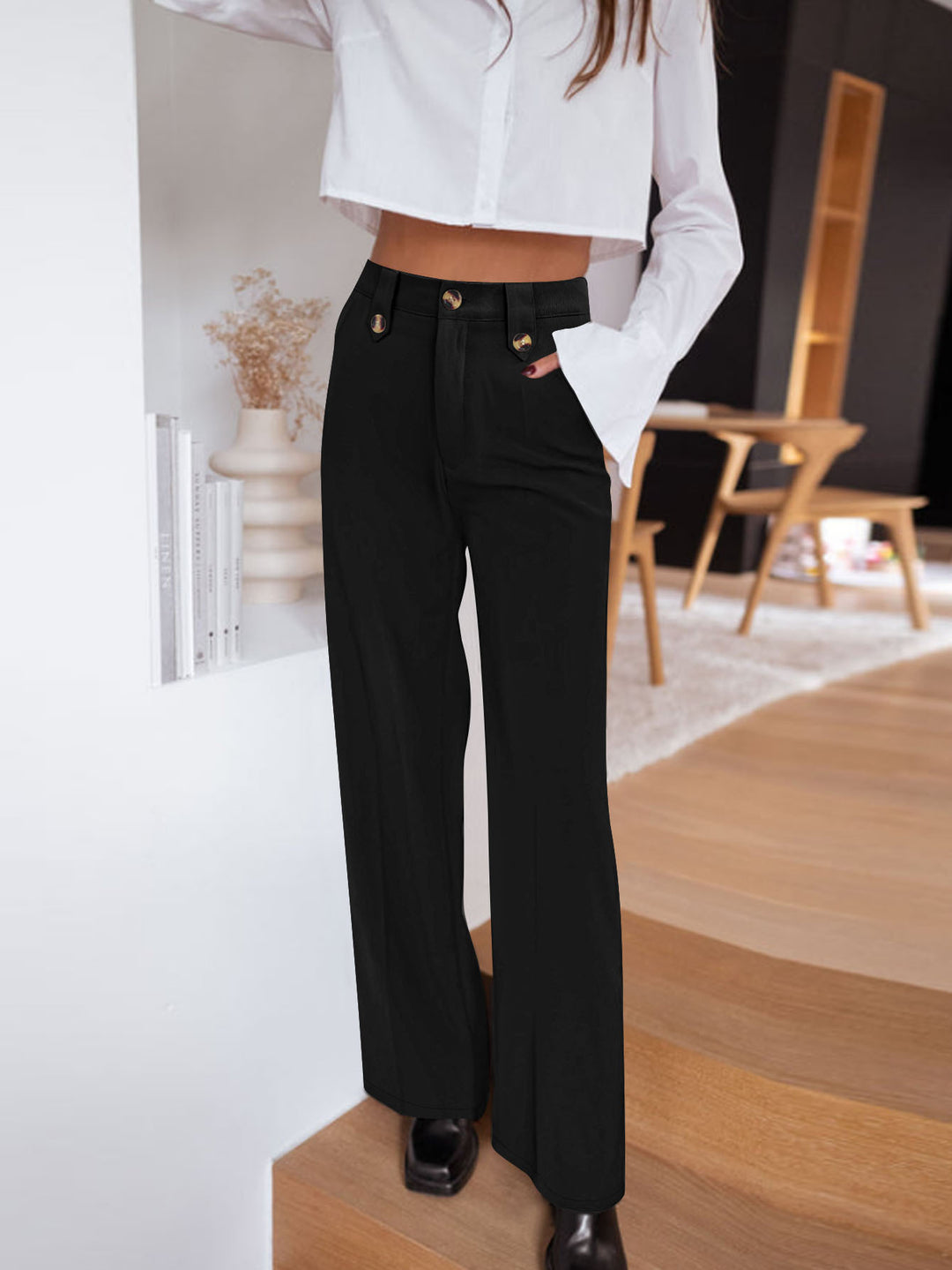 Damen Hochtaillierte Palazzo‑Hose mit Bundriegel, Bügelfalte und weitem Bein Drune