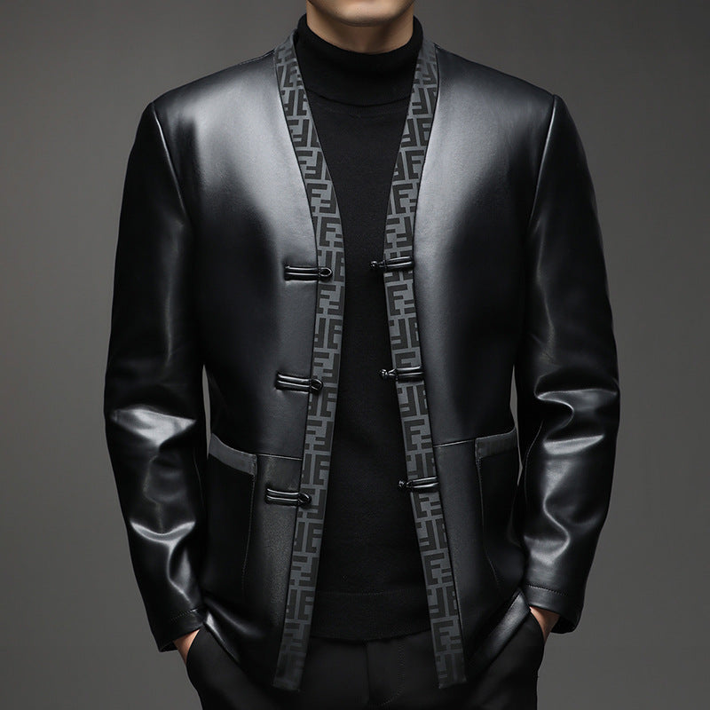 Herren Lederimitat-Cardiganjacke mit KnDruneelverschlüssen und kontrastierendem Schalkragen Drune