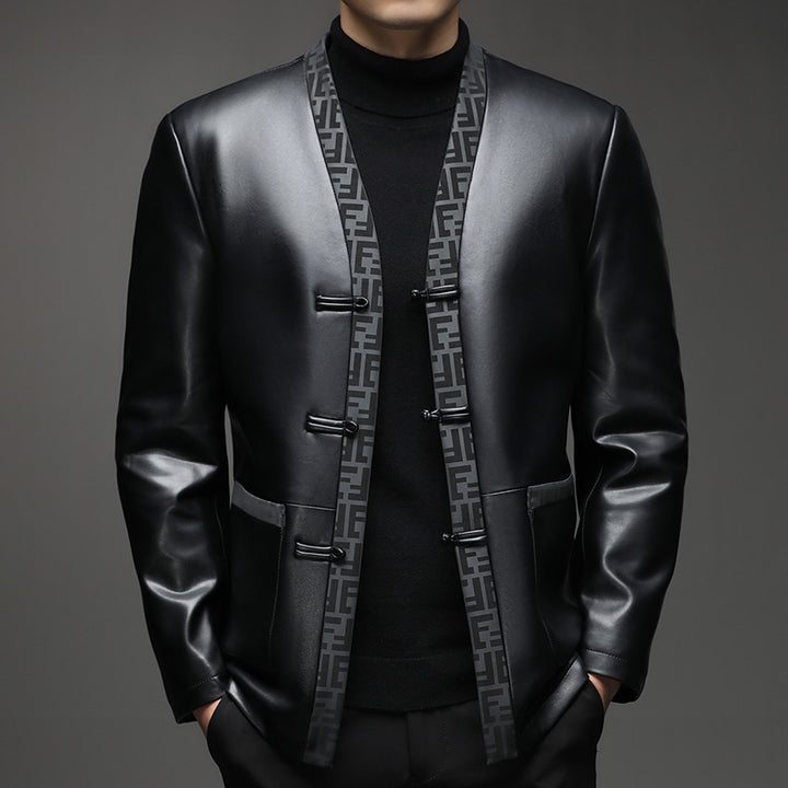 Herren Lederimitat-Cardiganjacke mit KnDruneelverschlüssen und kontrastierendem Schalkragen Drune