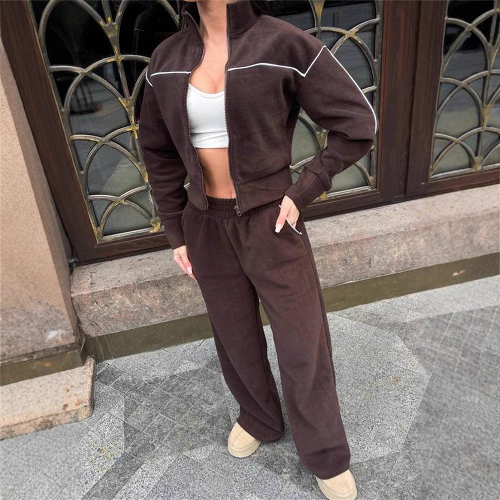 Damen Kurzgeschnittenes Zip-Oberteil mit lockerfallender High-Waist-Loungehose Drune