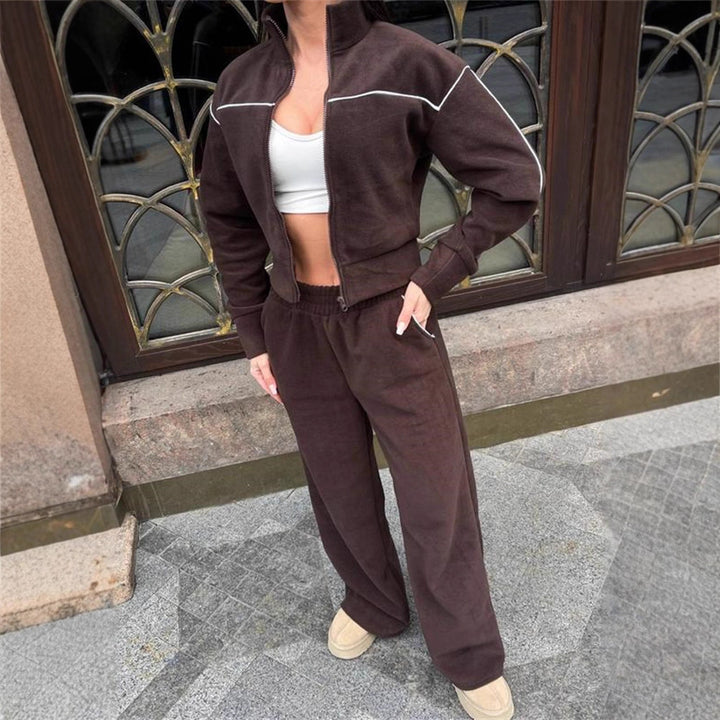 Damen Kurzgeschnittenes Zip-Oberteil mit lockerfallender High-Waist-Loungehose Drune