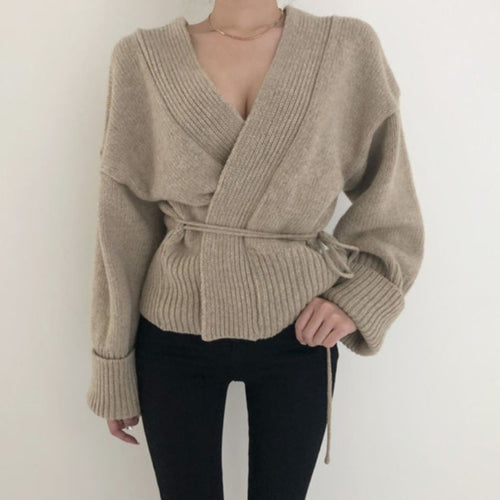 Damen Wickelstrickjacke mit binde Gürtel und hochgezogenem Kragen Drune