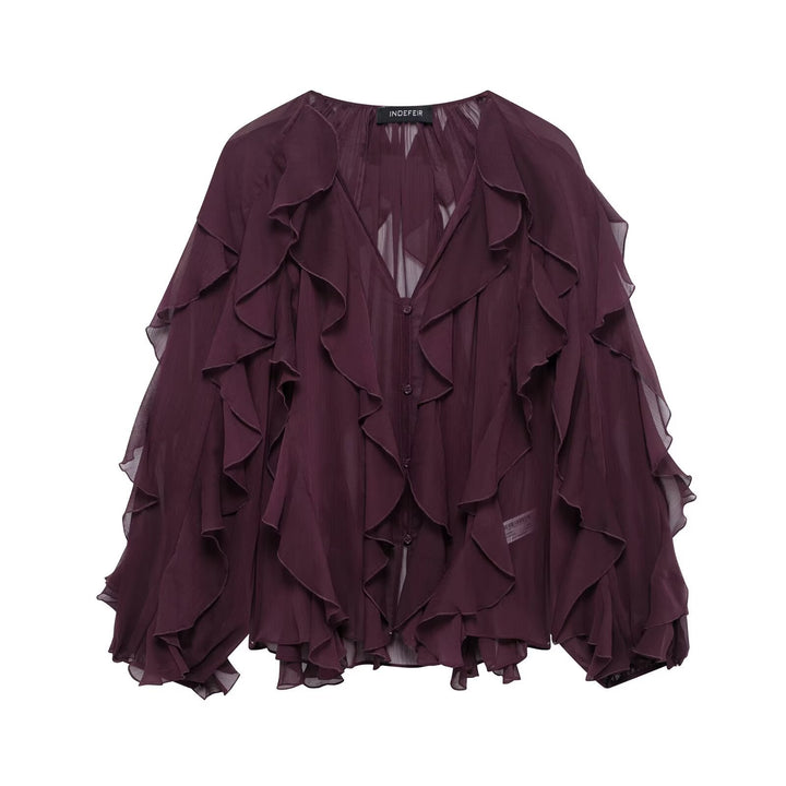 Damen Chiffon-Bluse mit vielfachen Volant-Rüschen und Knopfleiste Drune
