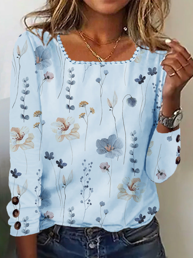Damen Bluse mit floralem Druck und dekorativen Knopfdetails Drune