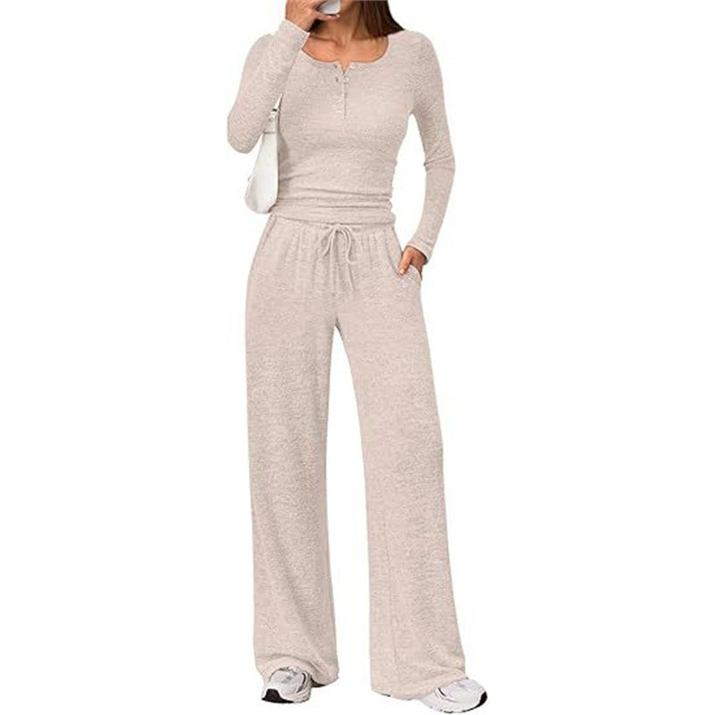 Damen Zweiteiliges Feinstrick-Lounge-Set mit Henley-Top und Palazzo-Hose Drune