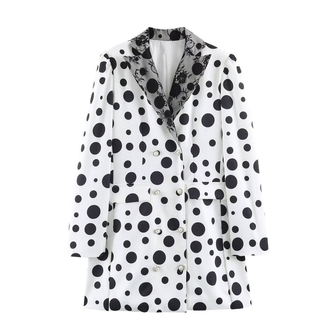 Damen Doppelreihiger Blazer im Polka‑Dot‑Design mit Spitzenbesetztem Revers Drune