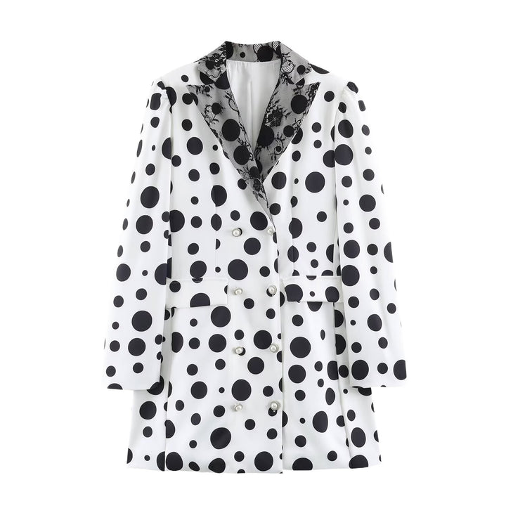 Damen Doppelreihiger Blazer im Polka‑Dot‑Design mit Spitzenbesetztem Revers Drune