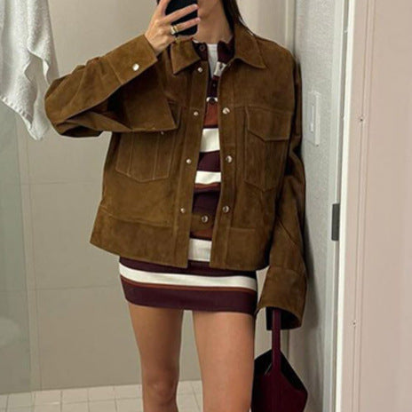 Damen Elegante Wildlederjacke mit praktischen Taschen und modernem Schnitt Drune