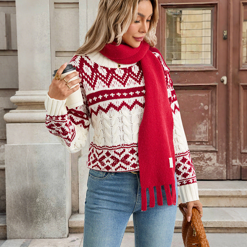 Damen Norweger-Strickpullover mit Zopfmuster und Fair-Isle-Jacquard Drune