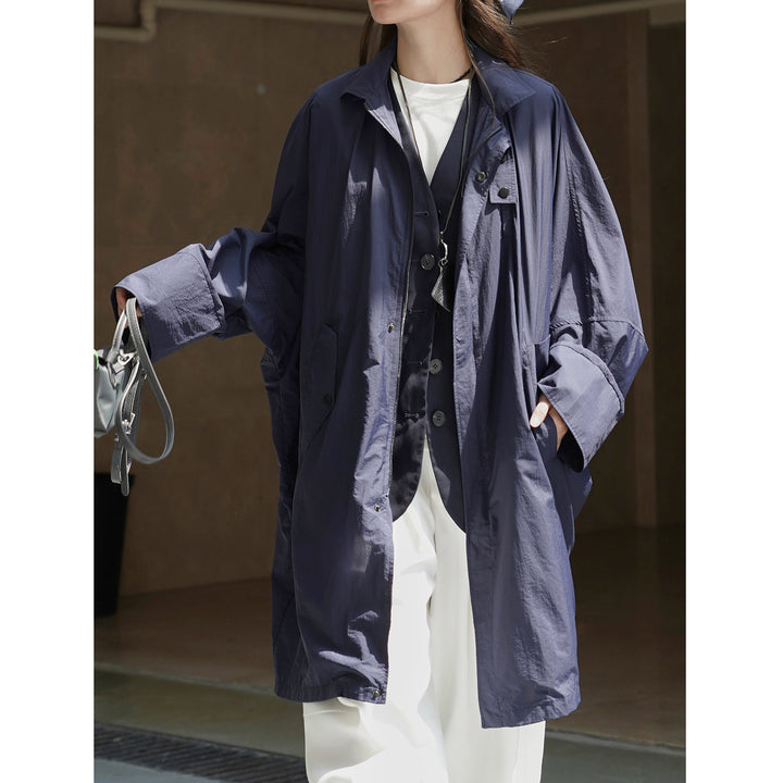 Damen Leichter Oversize-Regenparka mit hohem Stehkragen und verdeckter Druckknopfleiste Drune