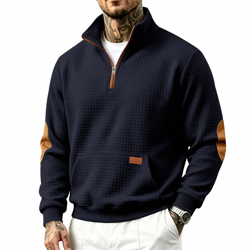 Herren Stehkragen-Halbzip-Sweatshirt mit karierter Reliefstruktur und Lederoptik-Ellenbogenpatches Drune