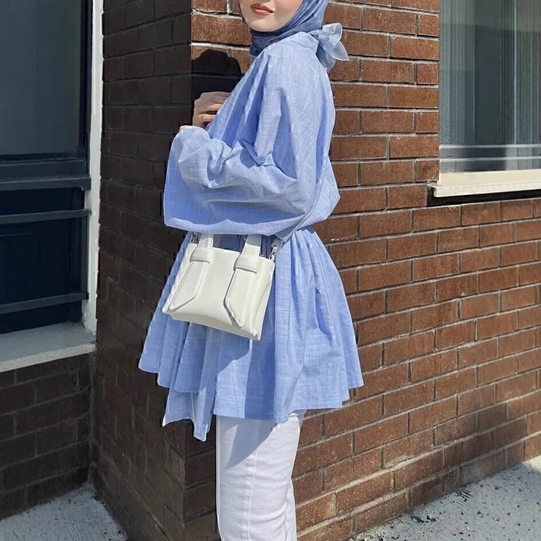 Damen Kimono-Wickelkleid in Leinenoptik mit weitem Rock und Bindegürtel Drune
