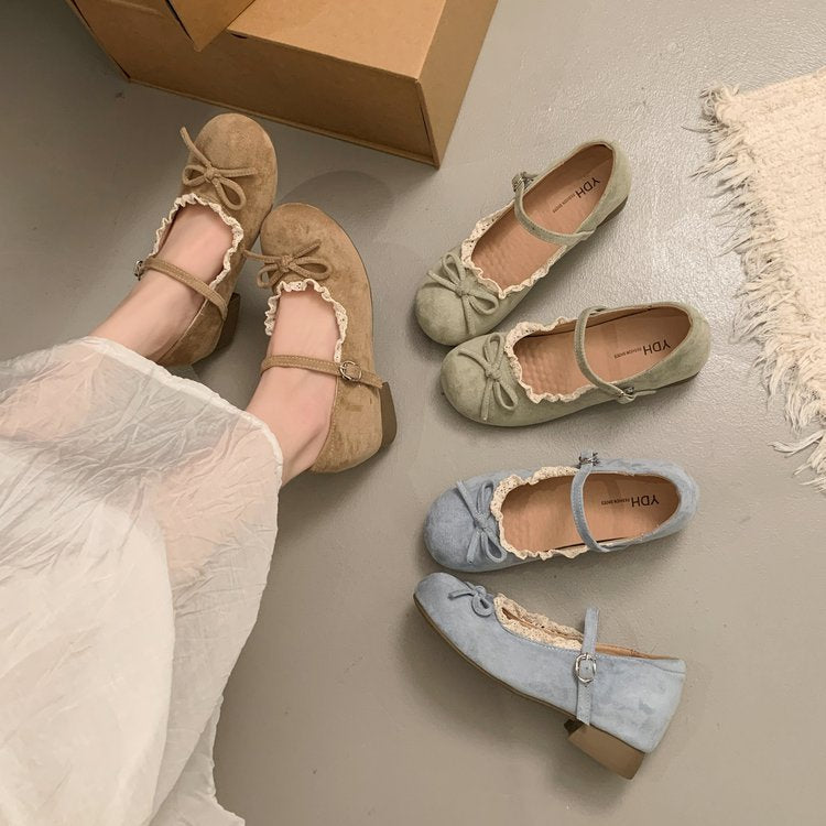 Damen elegante Mary Jane Ballerinas mit dekorativem Spitzenrand und Schleifenakzent Drune