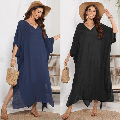 Damen luftiges Sommer-Kleid mit V-Ausschnitt und asymmetrischem Saum Drune