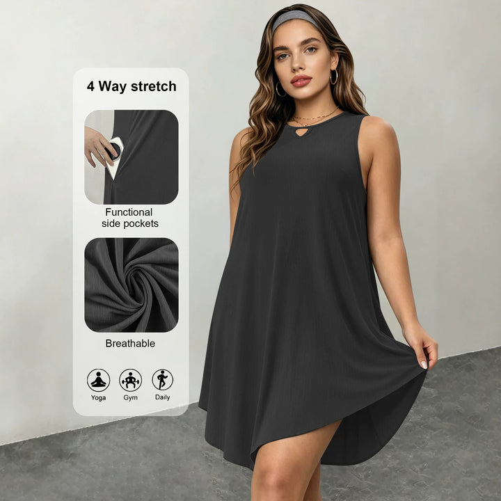 Damen Ärmelloses A-Linien-Midikleid mit seitlichen Eingrifftaschen und V-Ausschnitt Drune