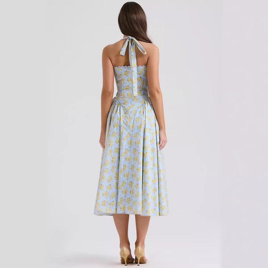 Damen Blumenkleid mit halterlosem Schnitt und elastischem Oberteil Drune