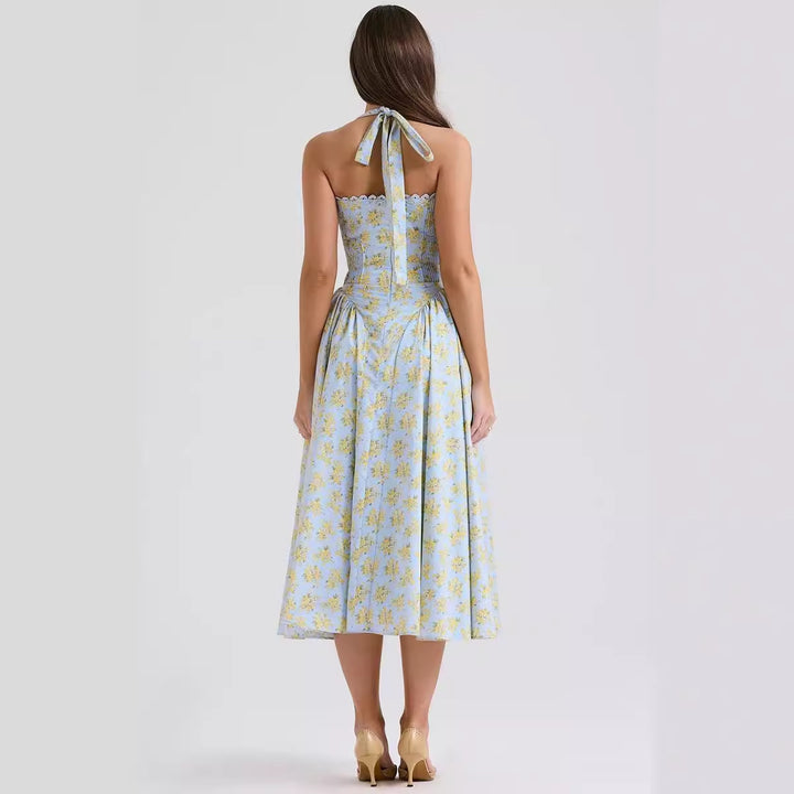 Damen Blumenkleid mit halterlosem Schnitt und elastischem Oberteil Drune