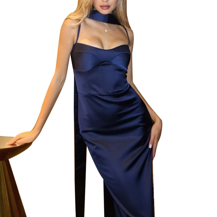 Damen elegantes Maxikleid mit schmalen Trägern und modischen Bindebändern Drune