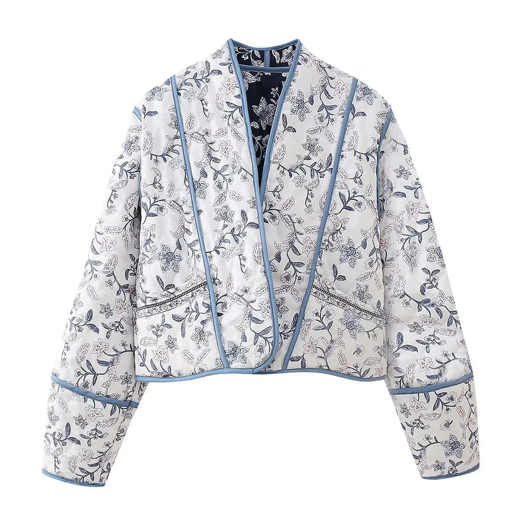 Damen nan gesteppte kurze Wende-Kimonojacke mit floraler Allover‑Steppung, offenem V‑Ausschnitt und kontrastierender Paspel Drune