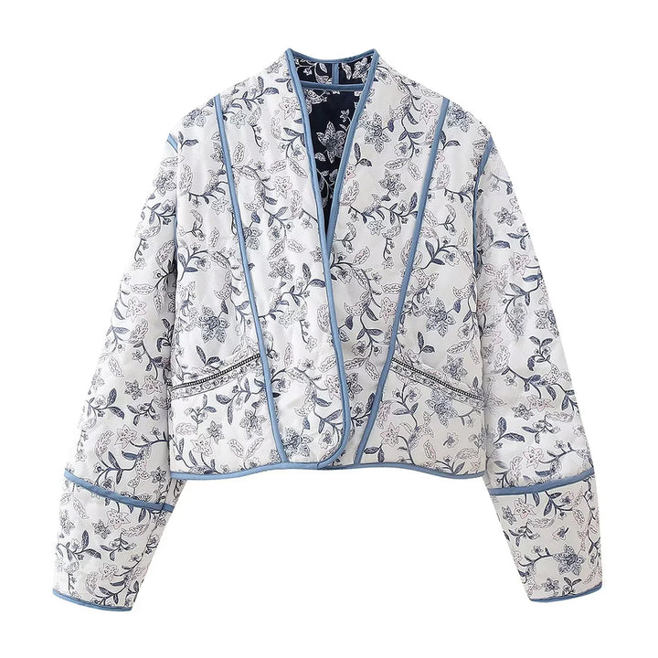 Damen nan gesteppte kurze Wende-Kimonojacke mit floraler Allover‑Steppung, offenem V‑Ausschnitt und kontrastierender Paspel Drune
