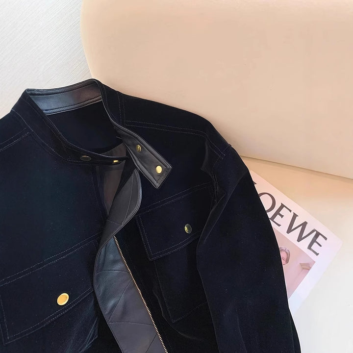 Damen Modische samtige Übergangsjacke mit Lederakzenten Drune