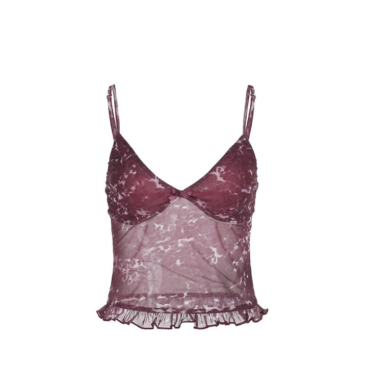 Damen Spaghetti-Träger-Top mit transparentem Obermaterial und Rüschendetail Drune