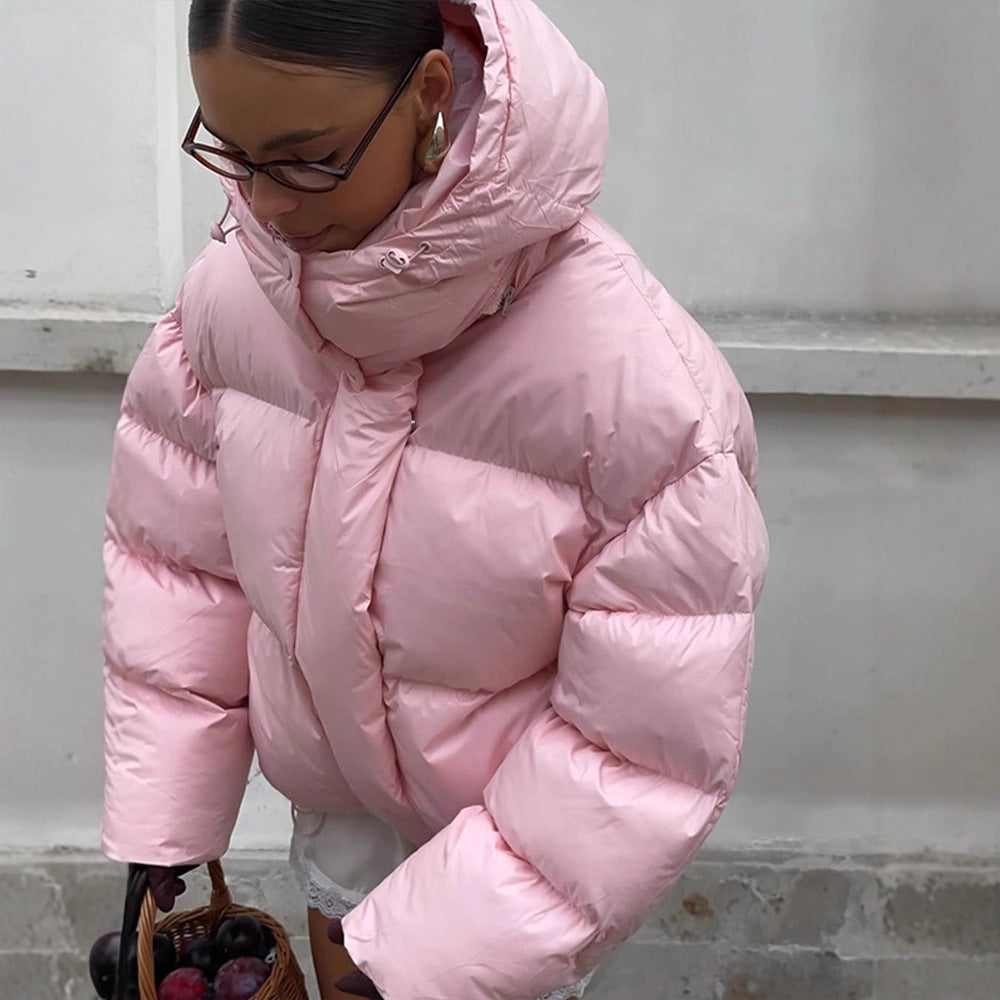 Damen kurze oversized Stepp-Daunenjacke mit Kapuze und hohem Stehkragen Drune